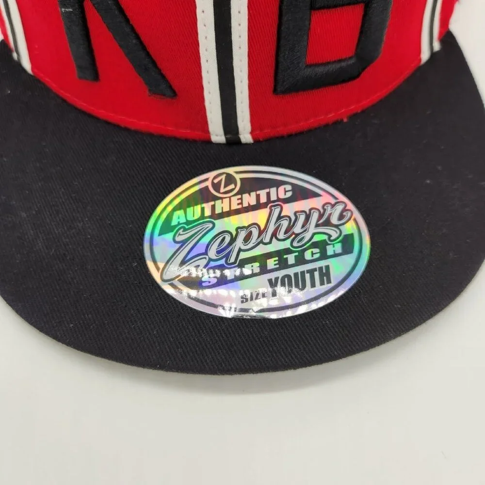 NWT Zephyr KB‎ Baseball Hat Cap Retro Fitted Youth Size Black Red Flat Brim NEW